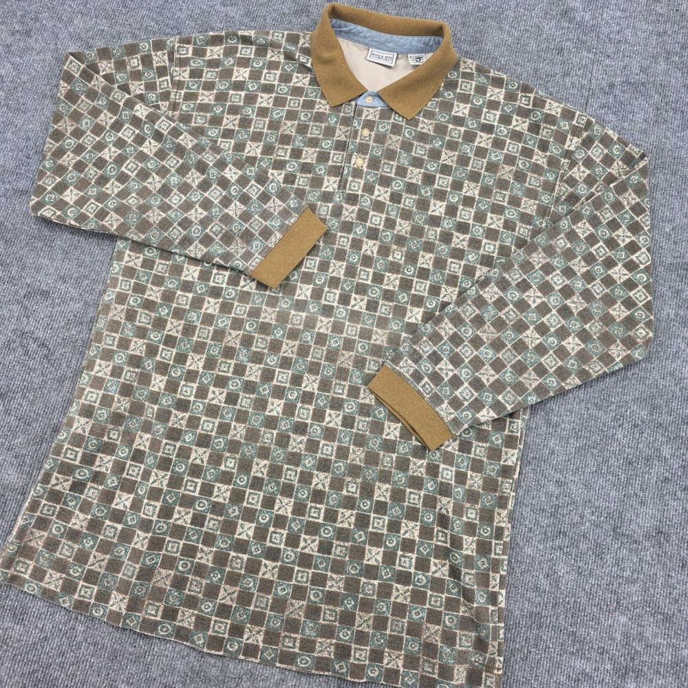 Vintage Bugle Boy Company Long Sleeve Polo Shirt Geometric Abstract XL Brown